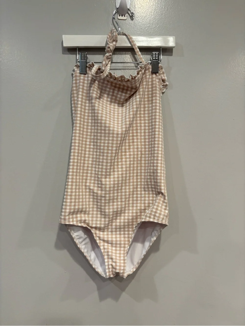 Girls Gingham One-Piece Swimsuit in Beige